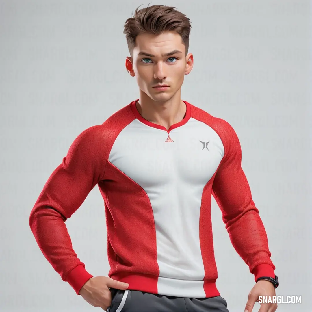 Man in a red and white shirt is posing for a picture with his hands on his hips