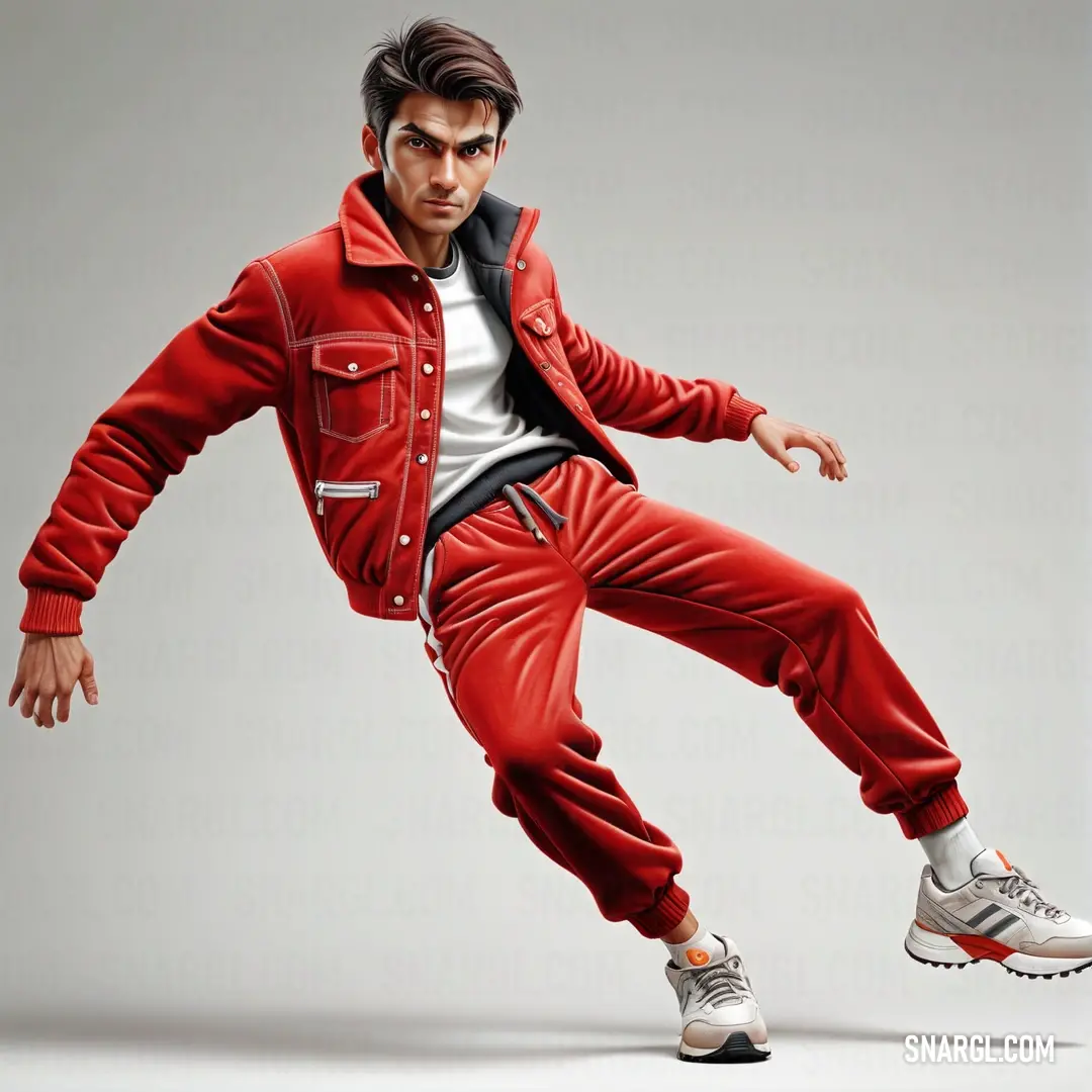 Man in a red jacket and white shirt is doing a kick kick with his foot in the air