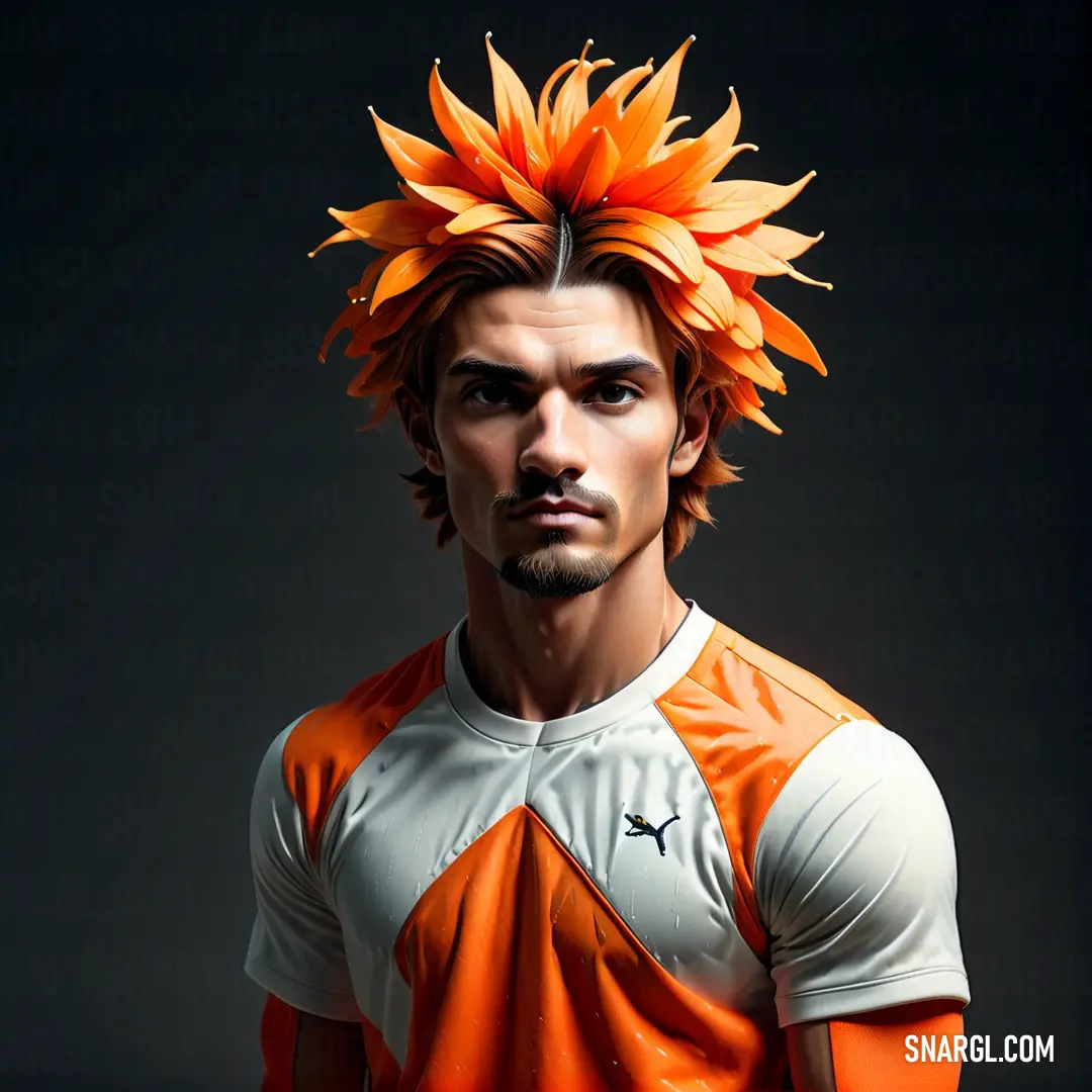 Man with a flower in his hair is wearing an orange shirt and a white shirt with a black star on it