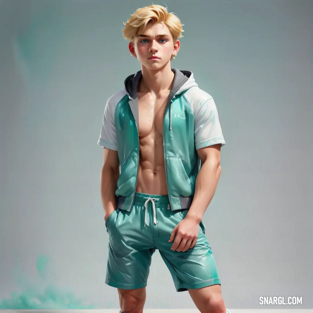 Man with no shirt on posing for a picture in a green outfit with a white shirt and blue shorts