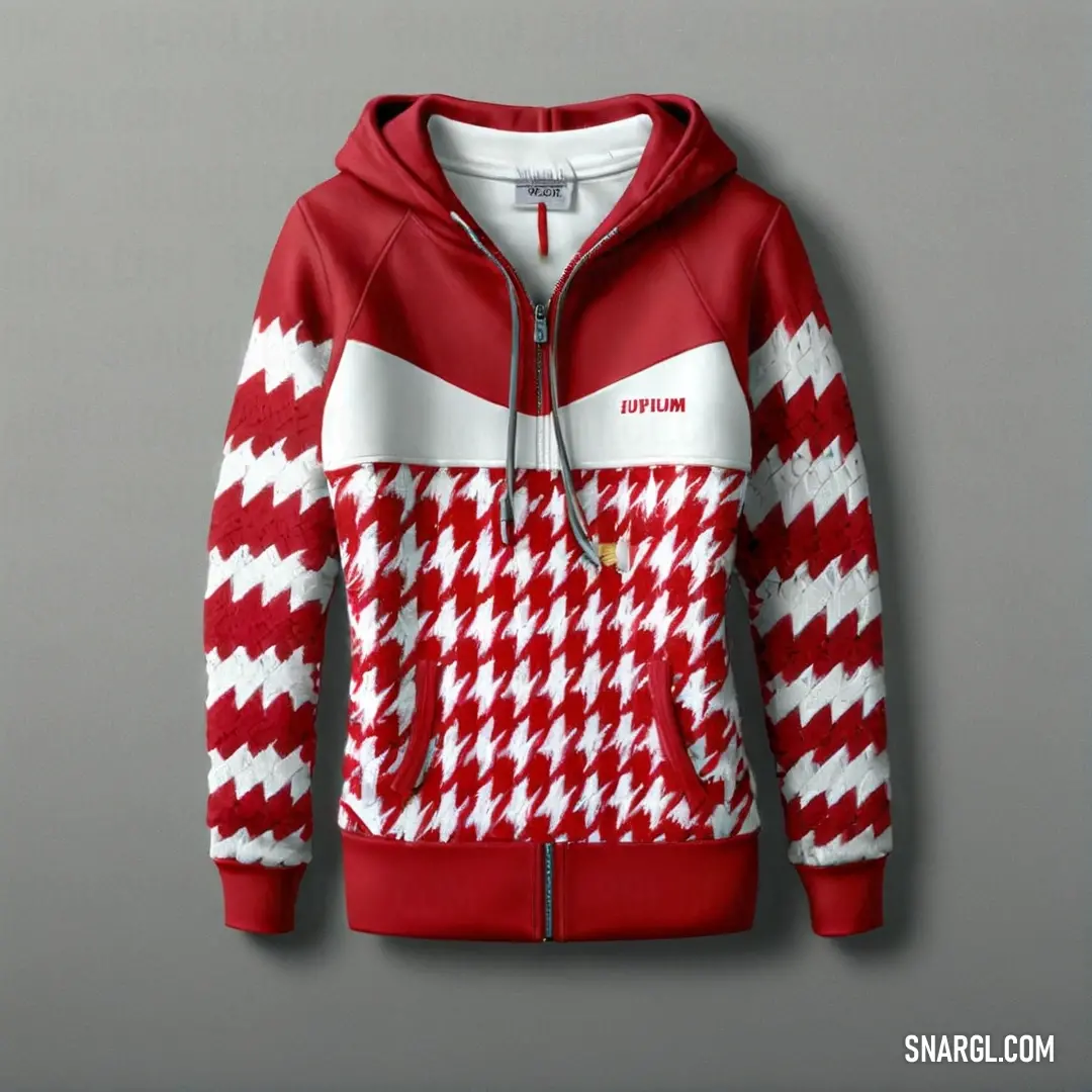 Red and white jacket with a hoodie on it's chest and a zipper down the middle