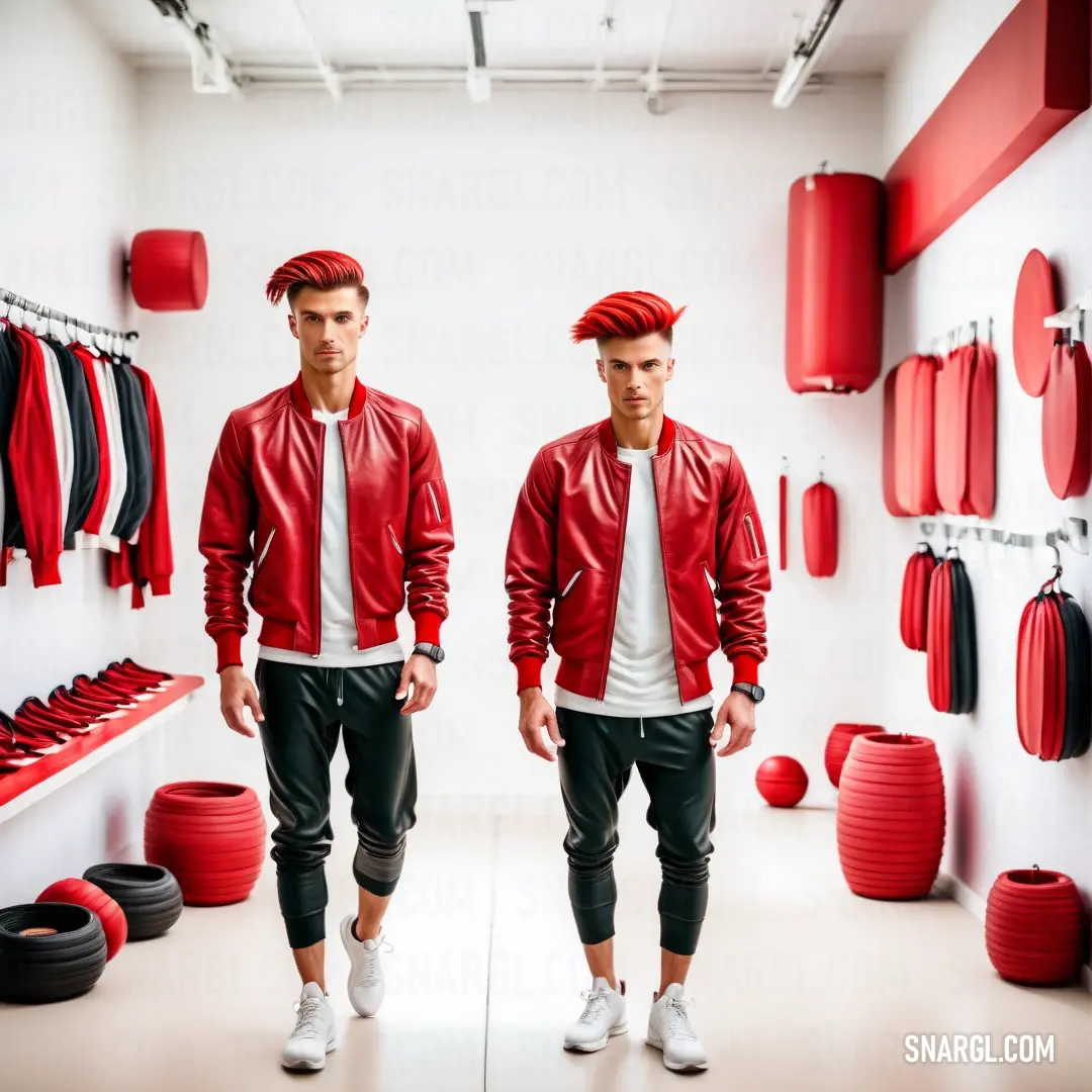 Two men in red jackets and black pants standing in a room with red objects on the wall