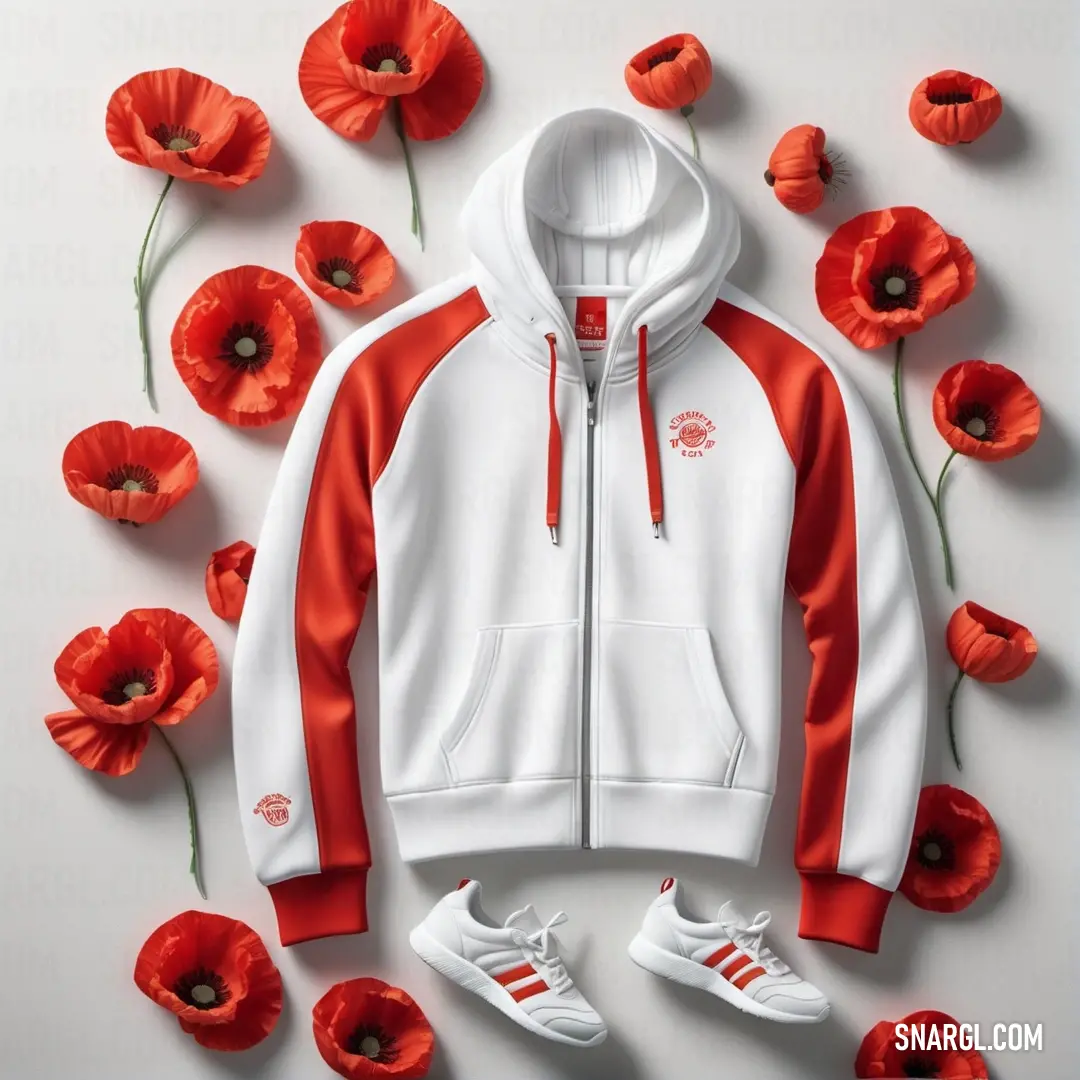 White and red jacket and some red flowers and a pair of sneakers on a white surface