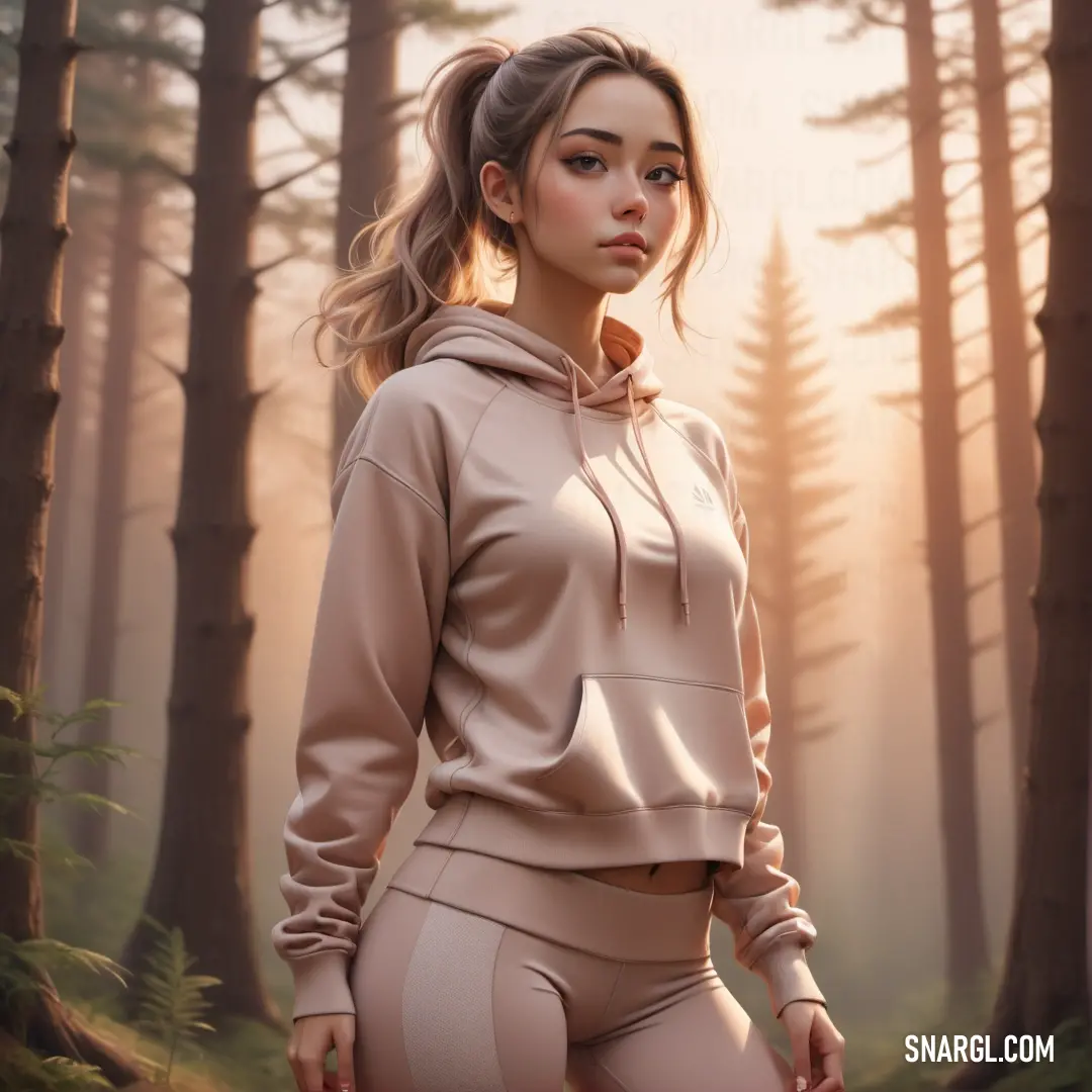 Woman in a beige outfit standing in a forest with trees and fog in the background