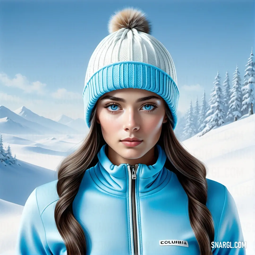 Woman in a blue jacket and a white hat with a blue background and a snowy landscape with trees