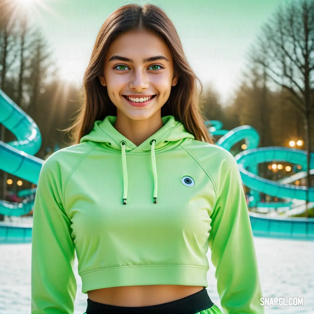 Woman in a green hoodie standing in front of a water slide at a park with a smile on her face