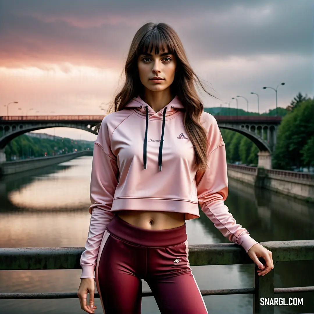 Woman in a pink hoodie and matching leggings poses for a picture by a river at sunset