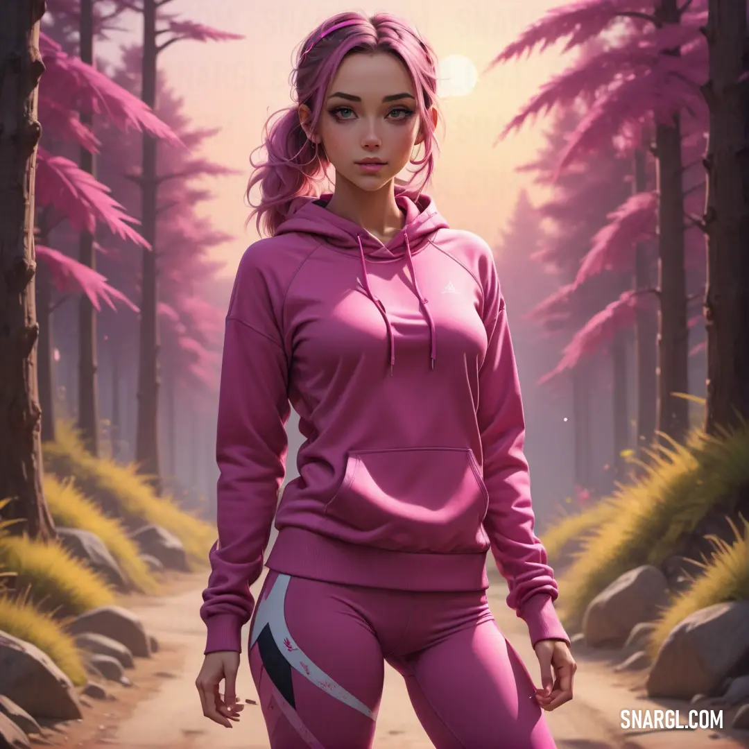Woman in a pink outfit is standing in the woods with trees and rocks in the background