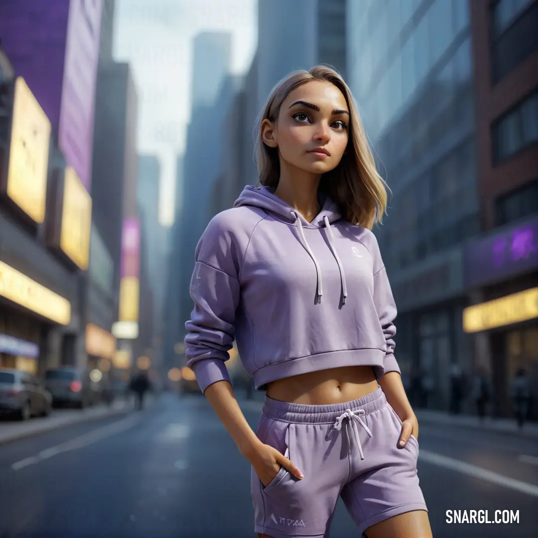 Woman in a purple crop top and shorts standing on a city street with a cityscape in the background