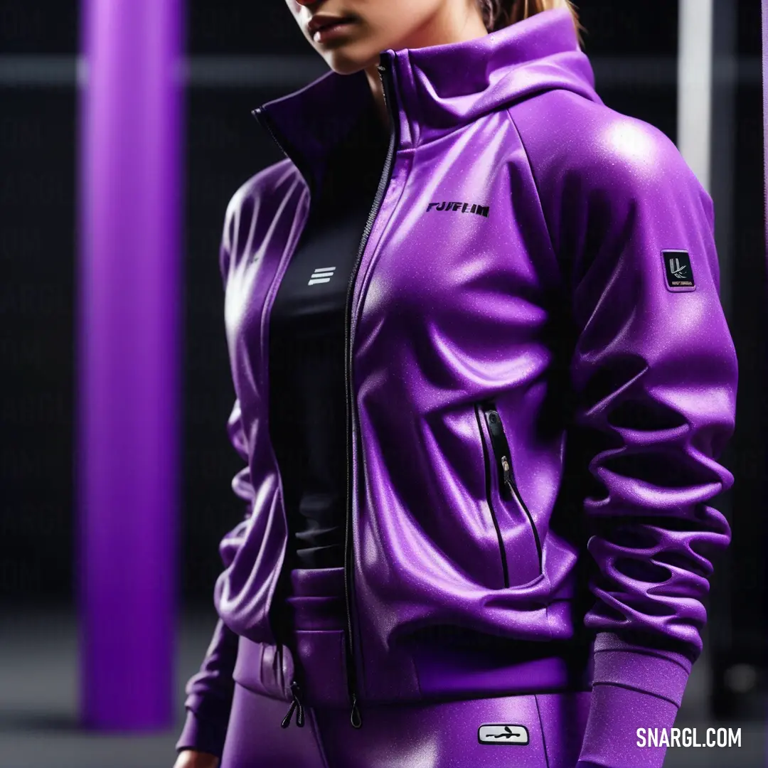 Woman in a purple jacket and black top standing in front of purple columns and columns