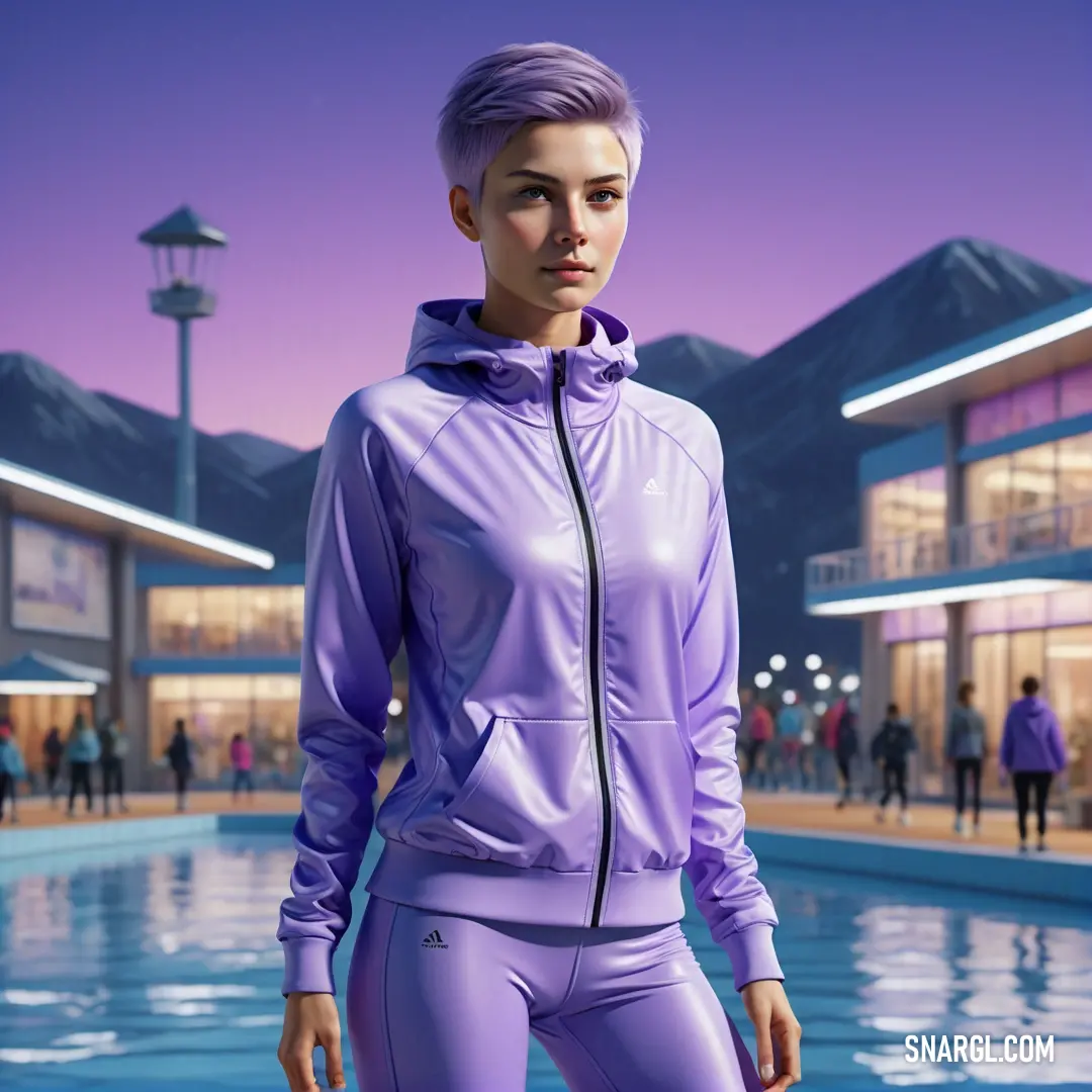 Woman in a purple outfit standing in front of a pool of water with a building in the background
