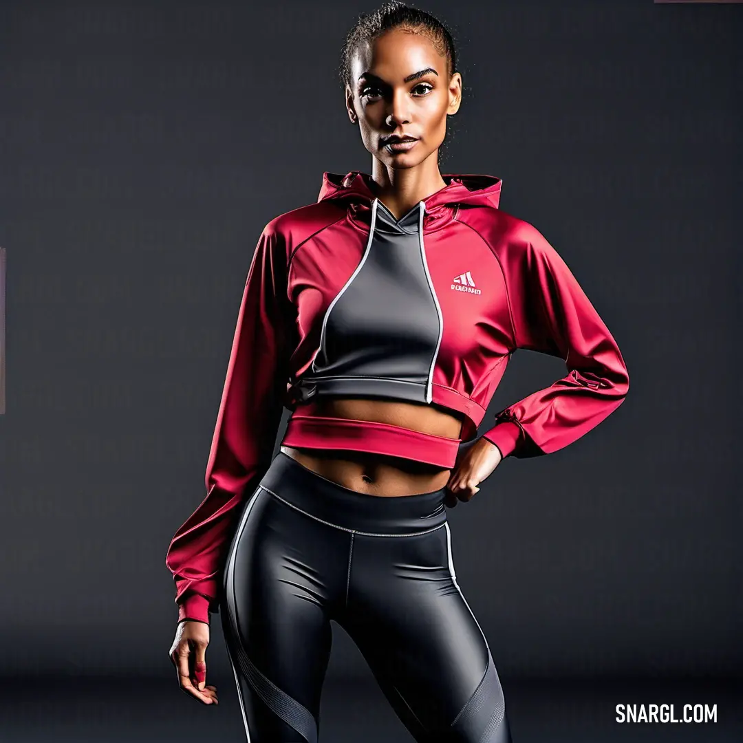 Woman in a red and black sports jacket and leggings poses for a picture in a studio