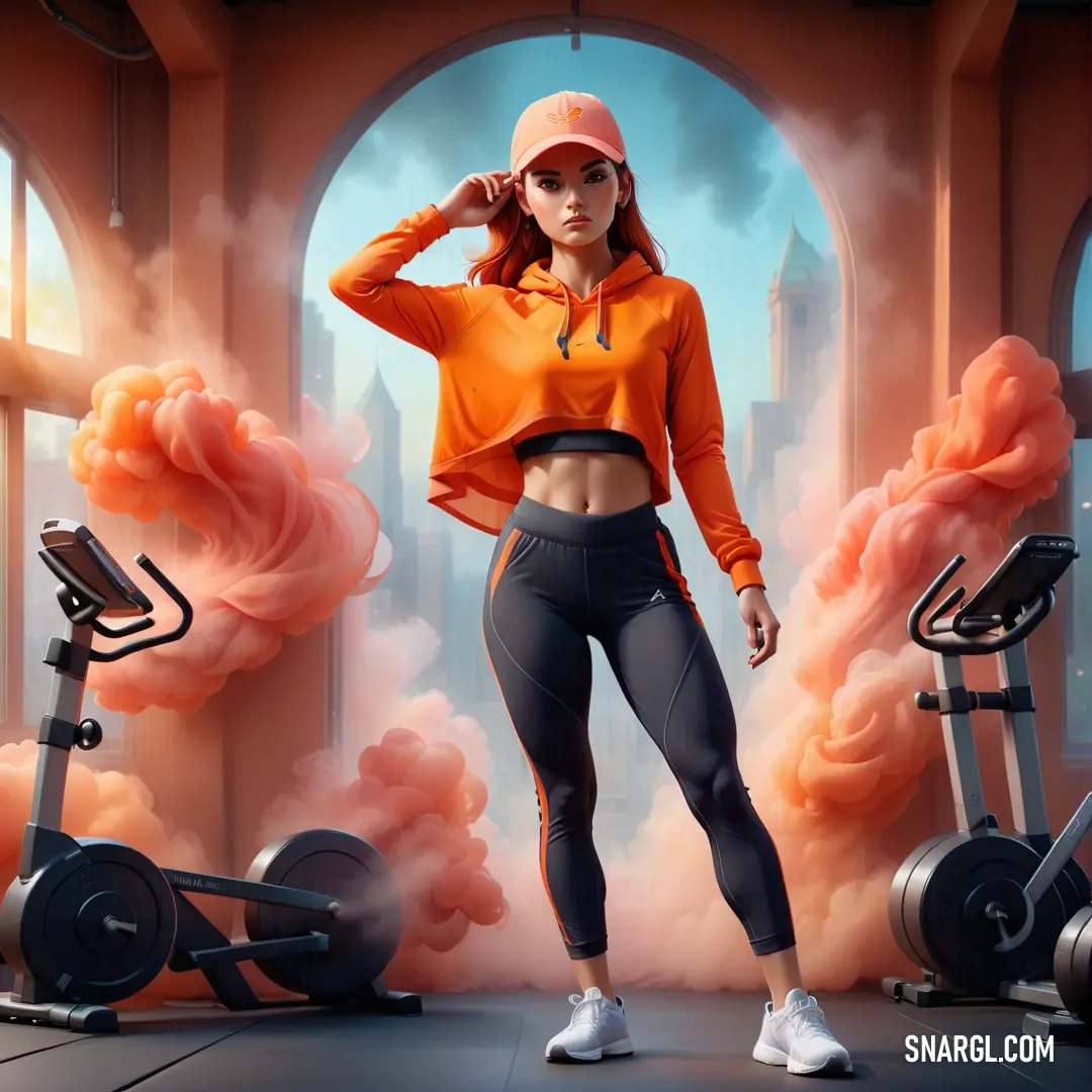 Woman in a sports outfit standing in a gym with a pink smoke cloud behind her and a pair of running shoes