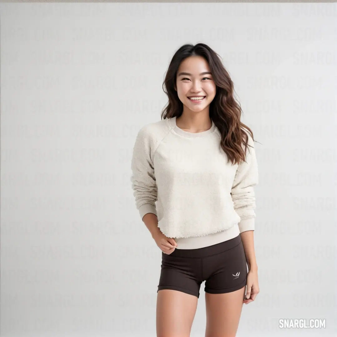 Woman in a white sweater and black shorts smiling at the camera with her hands on her hips and her right leg up