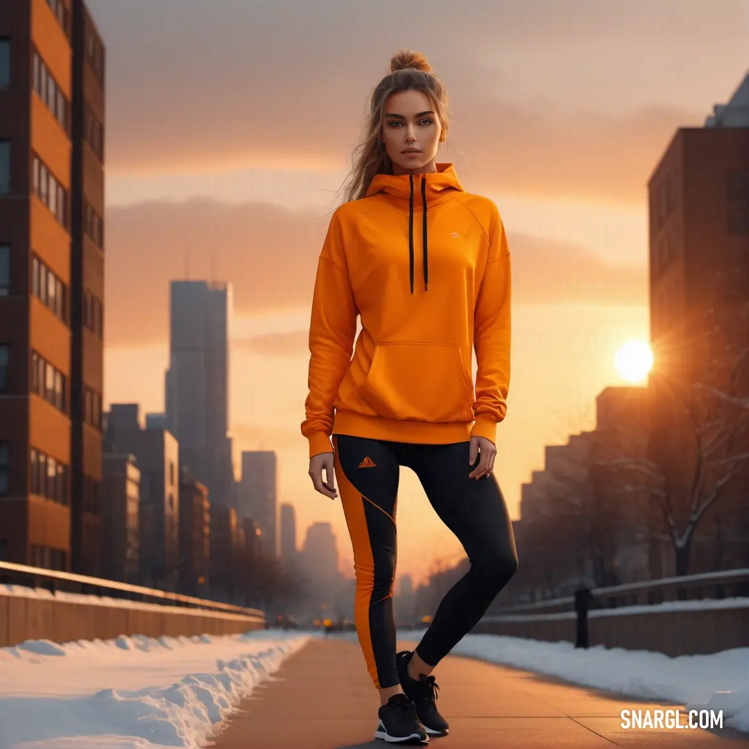 Woman in an orange hoodie and black leggings stands on a sidewalk in front of a cityscape