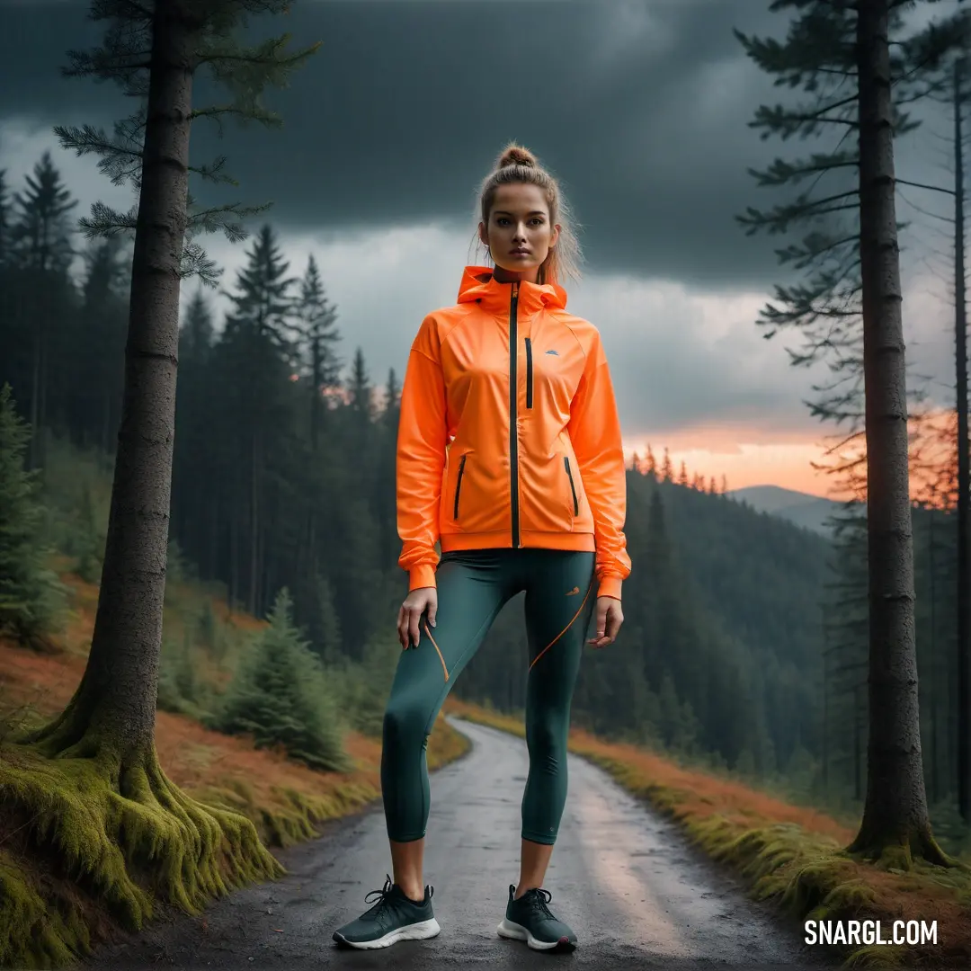 Woman in an orange jacket and green pants stands on a road in the middle of a forest with a dark sky