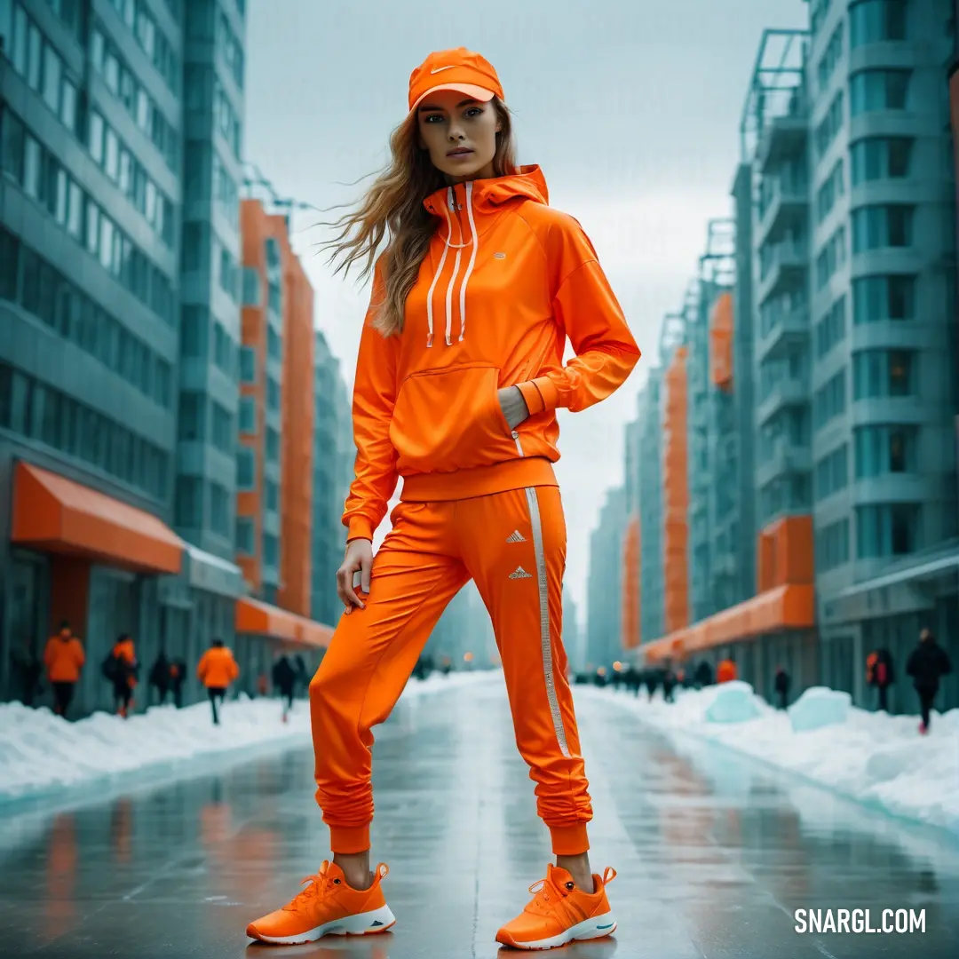 Woman in an orange outfit stands in a city street with buildings in the background