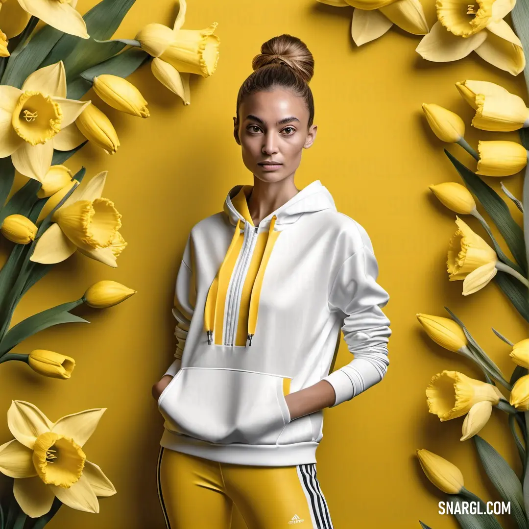 Woman in yellow pants and a white hoodie standing in front of yellow flowers