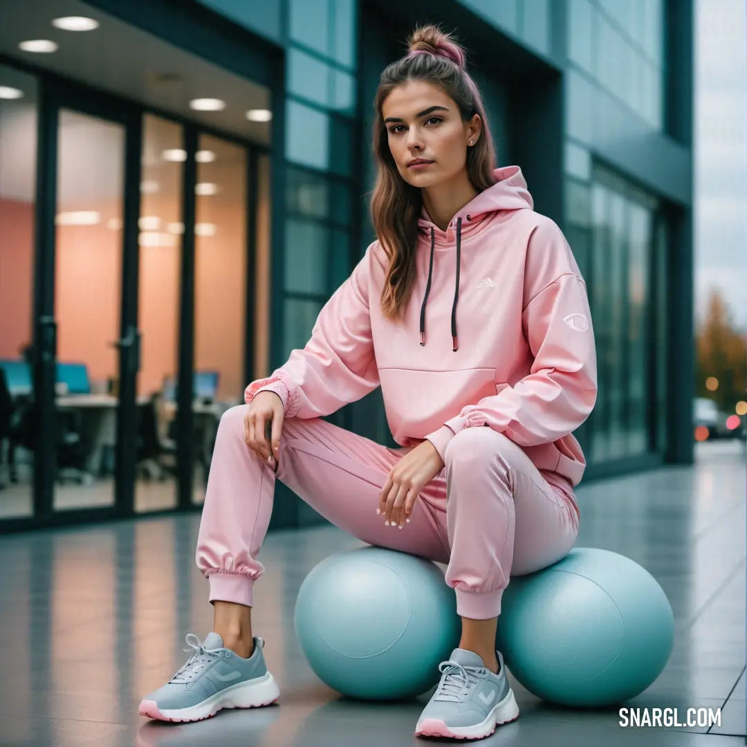 Woman on a ball in a pink outfit and sneakers on a city street with a building in the background