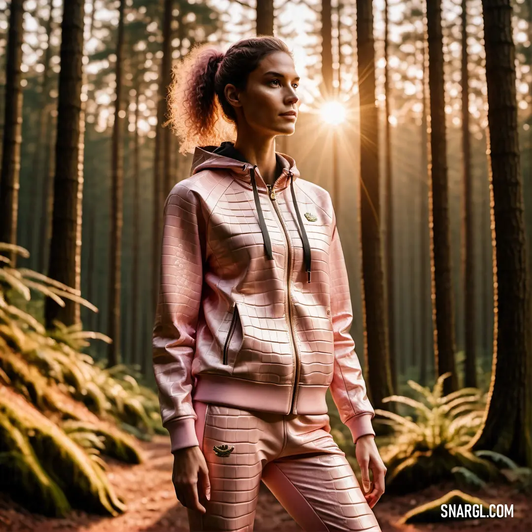 Woman standing in the woods wearing a pink outfit and a pair of pink sneakers with her hair in a bun