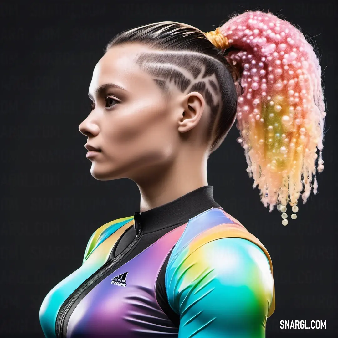 Woman with a colorful ponytail and a colorful top knoted into her hair