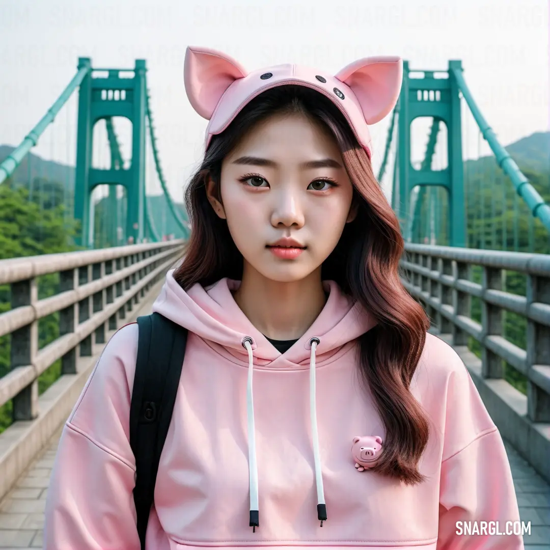 Woman with a pink hoodie and a cat ears hat on her head standing on a bridge
