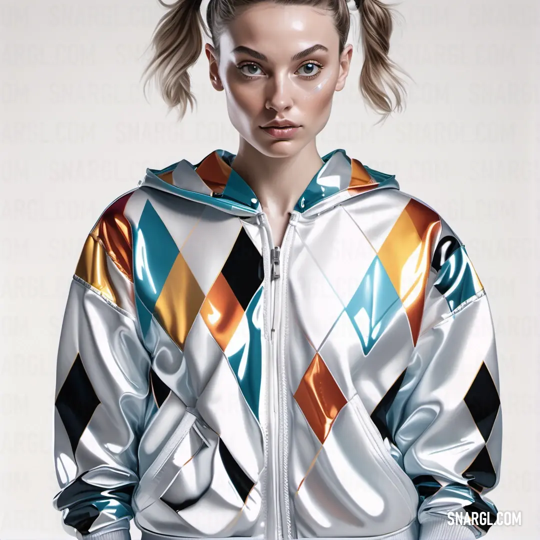 Woman with a ponytail in a silver jacket with multicolored squares on it
