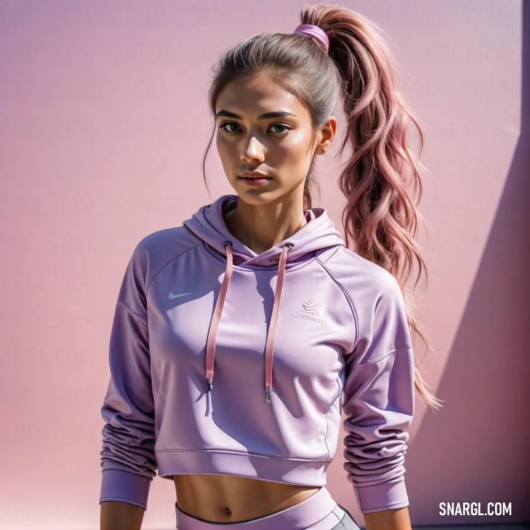 Woman with a ponytail in a purple top and skirt standing in front of a wall with a pink background
