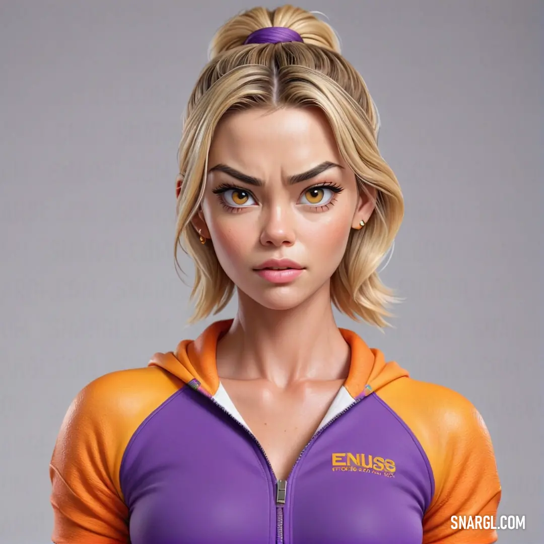 Woman with a purple top and orange sleeves is posing for a picture in a cartoon style