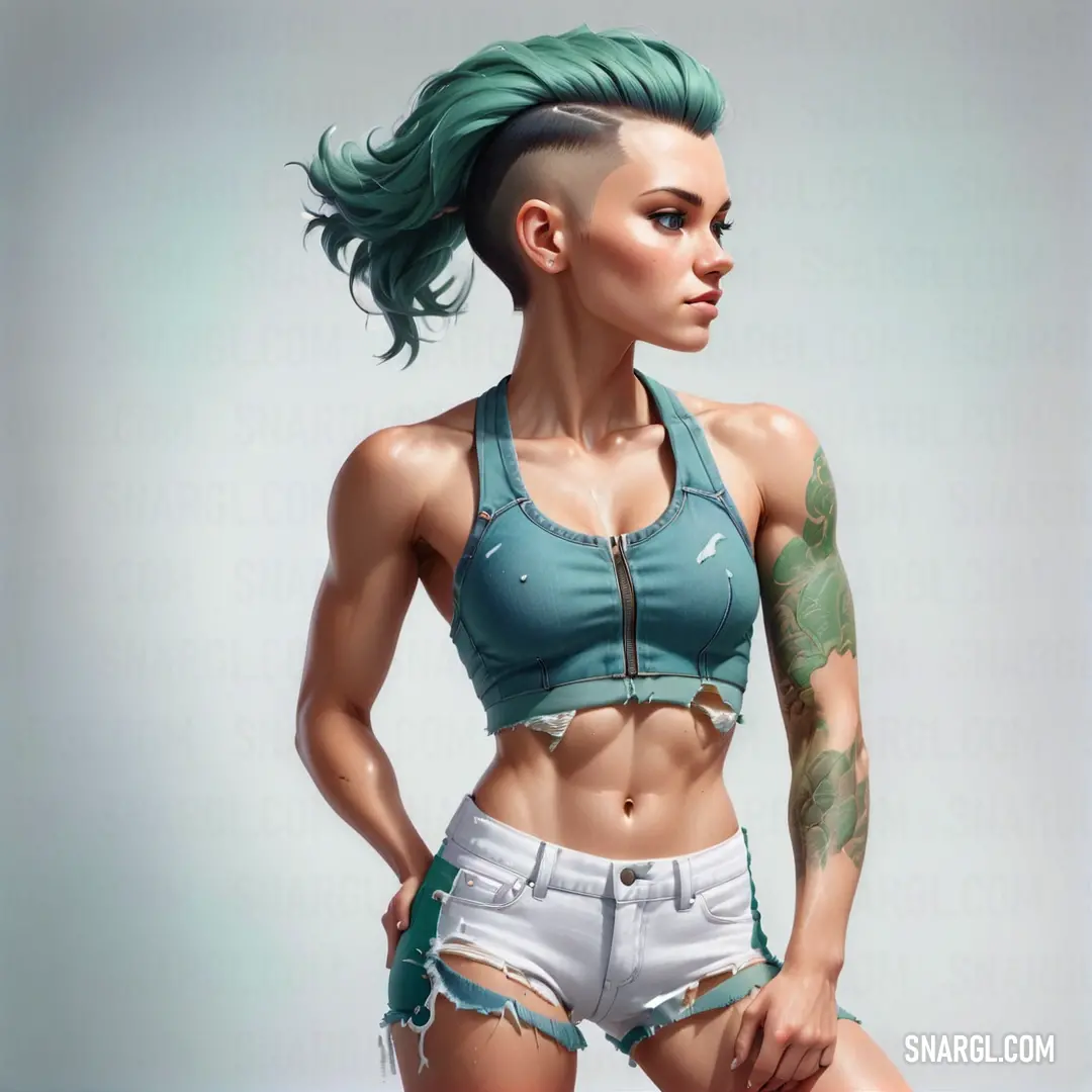 Woman with green hair and tattoos standing in a blue top and white shorts with her hands on her hips