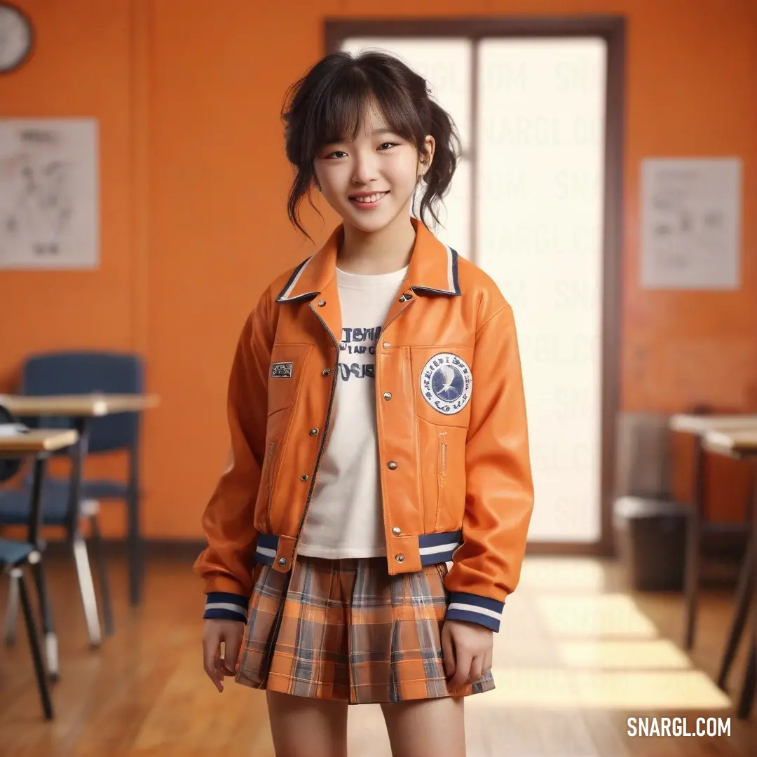 Atomic tangerine color. Young girl in a school uniform standing in a room with orange walls and a wooden floor and a chair