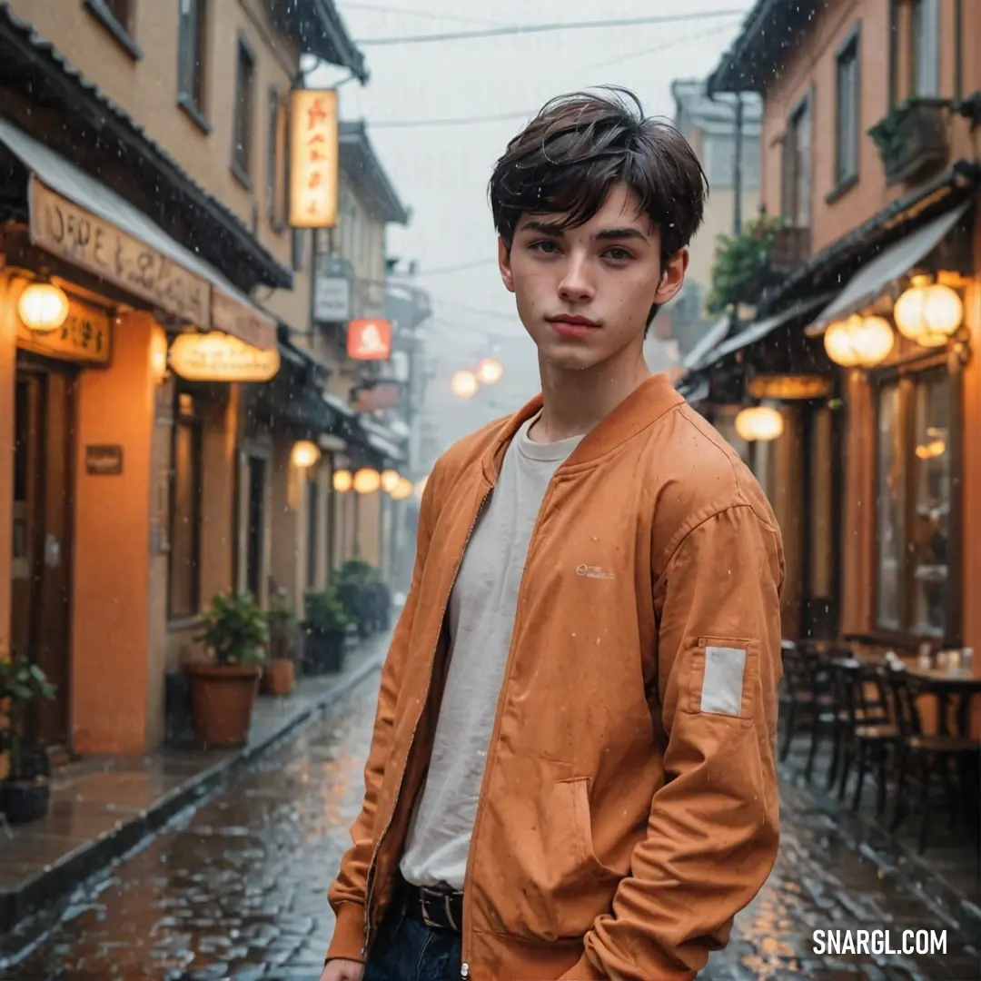 Young man standing in the rain in a street with a restaurant in the background. Example of Atomic tangerine color.