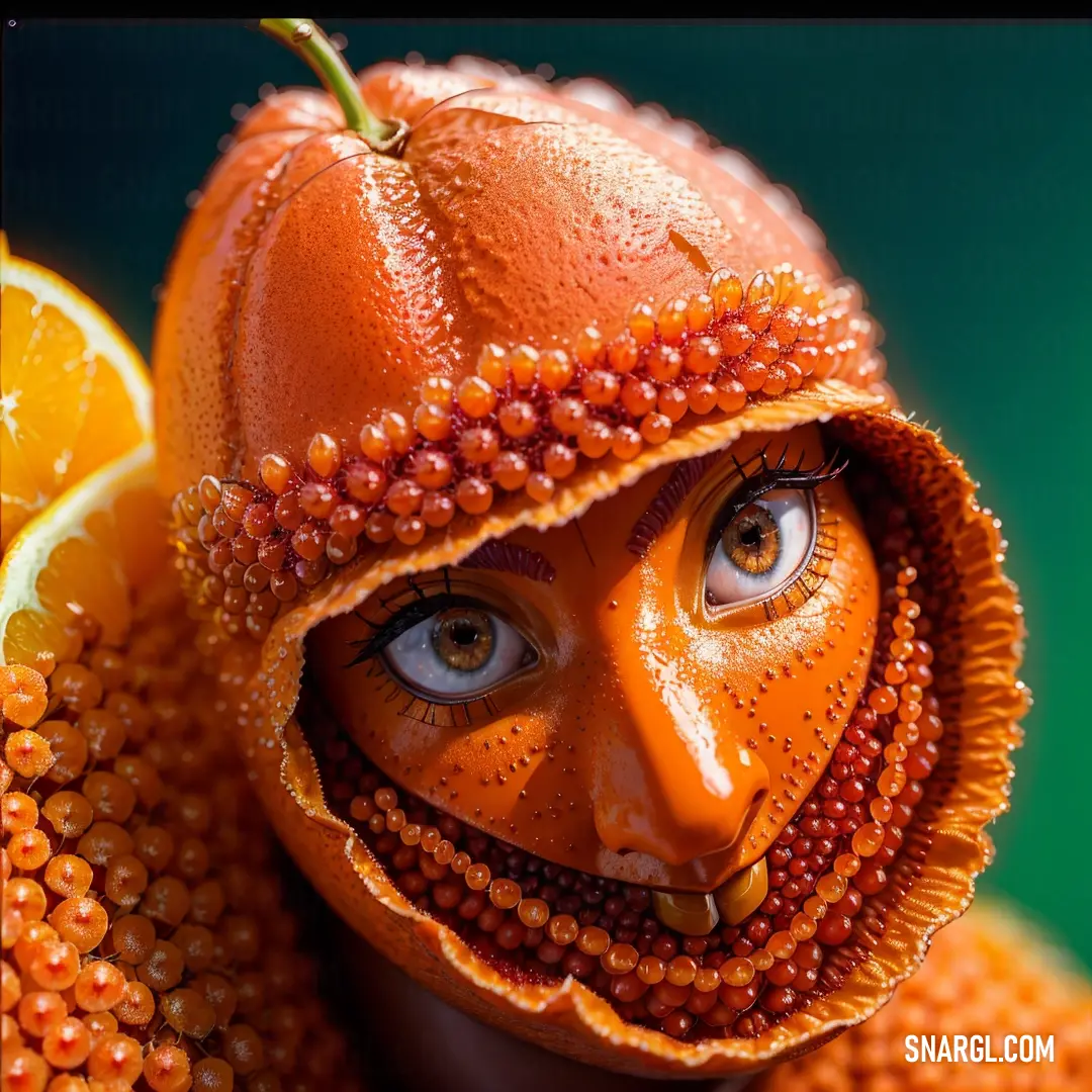 Close up of a person with a face made of oranges and a hat on their head