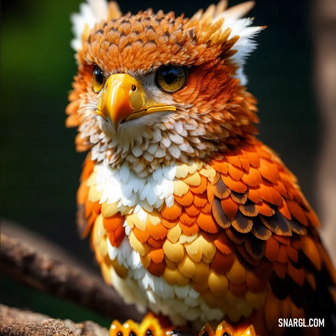 Colorful bird on a branch with a blurry background of leaves and branches in the background