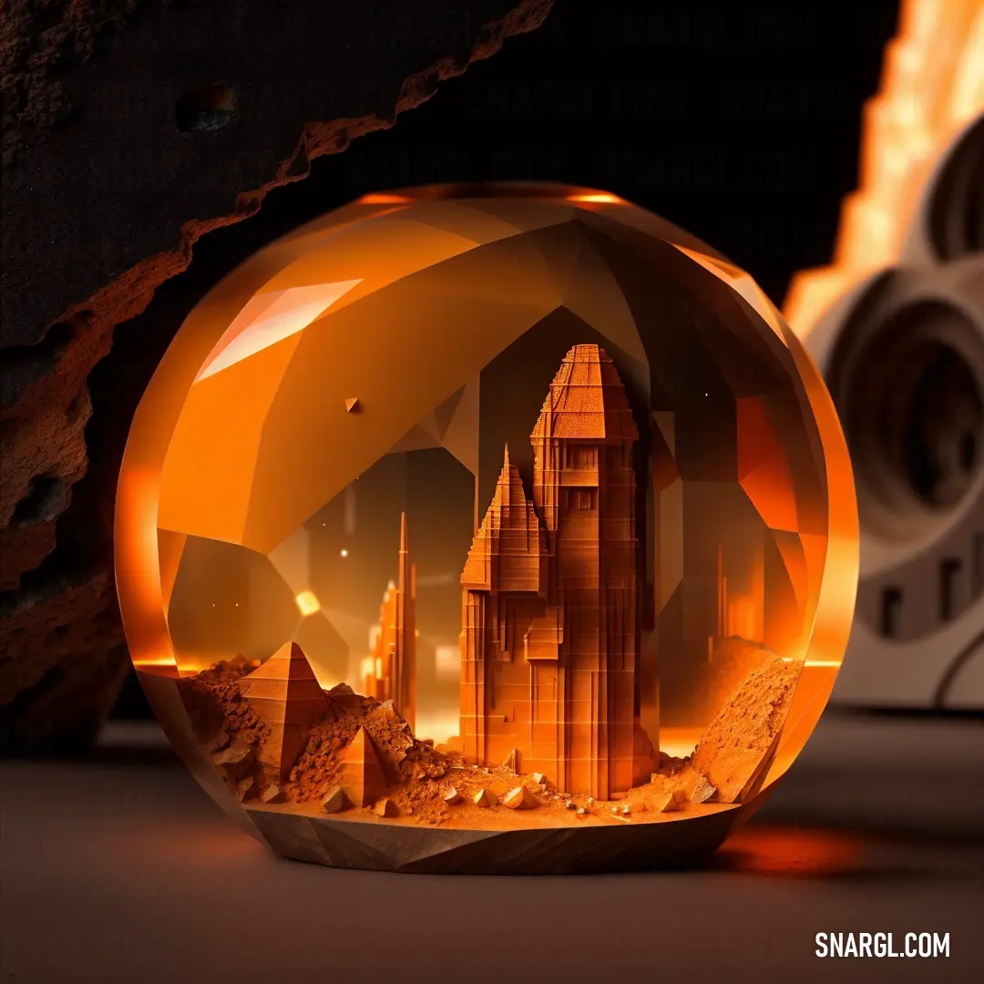 Glass ball with a picture of a city inside of it on a table next to a pair of shoes