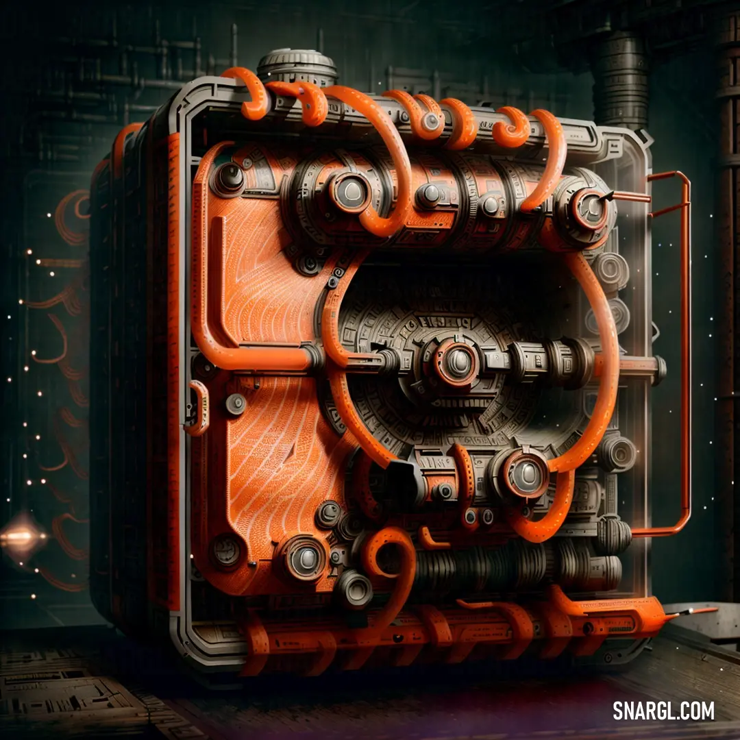 Large machine with a lot of orange pipes and gears on it's side and a black background