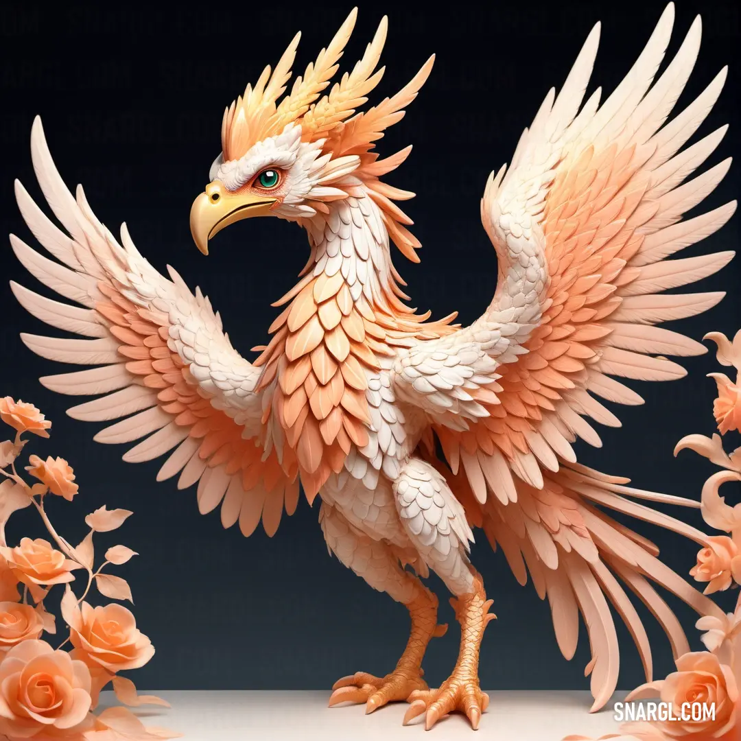 Atomic tangerine color example: Paper sculpture of a bird with wings spread out and flowers around it