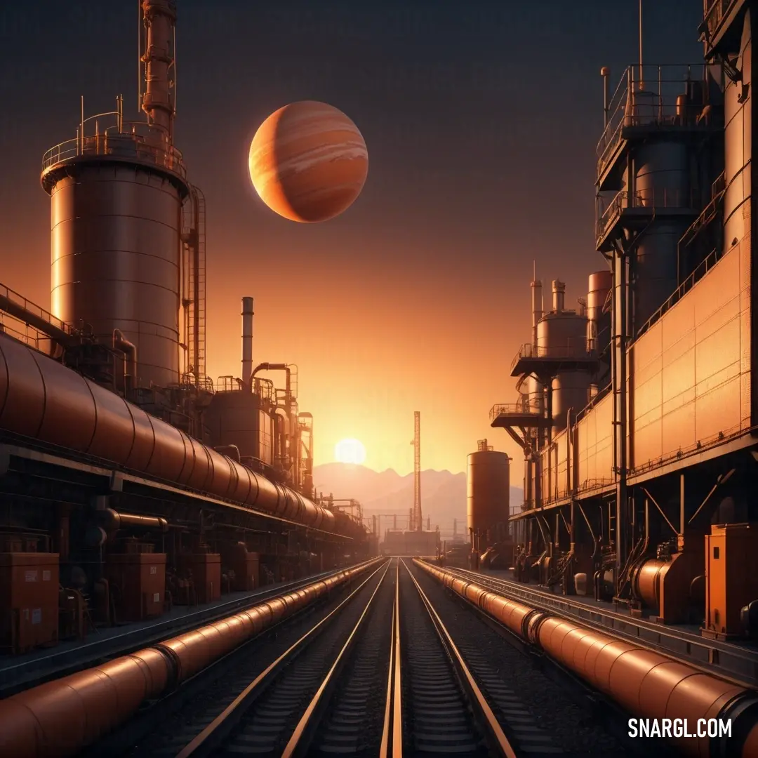 Atomic tangerine color example: Train track with a large ball in the sky above it and a factory building in the background with a sunset