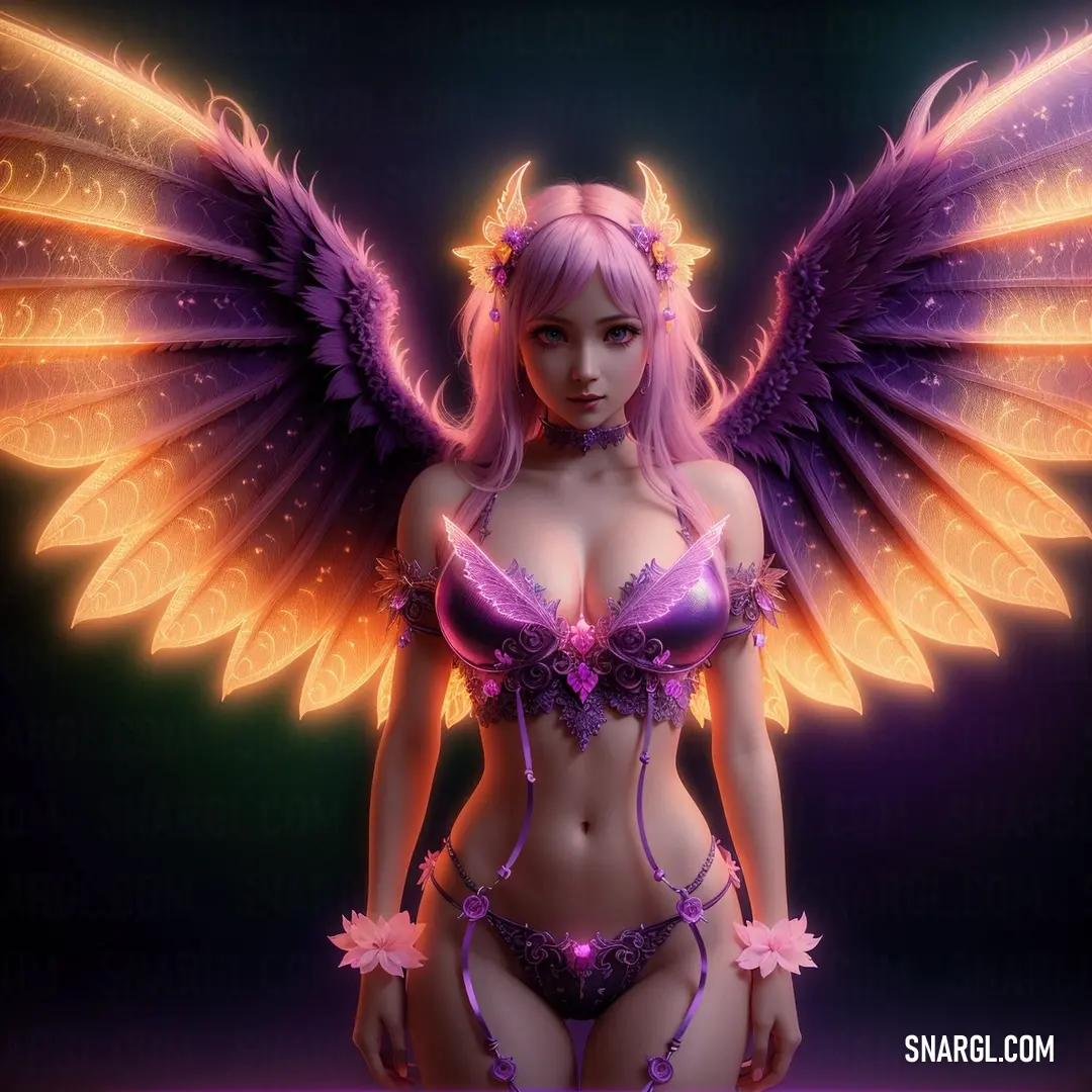 Woman with a purple bikini and angel wings on her chest