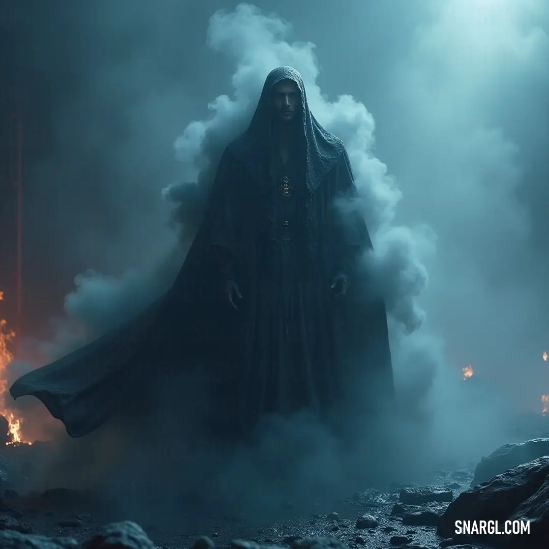 A hooded figure stands shrouded in fog, with distant flames casting an alluring glow, evoking mystery and wonder. A mysterious figure draped in a flowing hooded robe stands in a foggy terrain where flickering flames dance in the distance, creating an aura of enchantment and suspense.