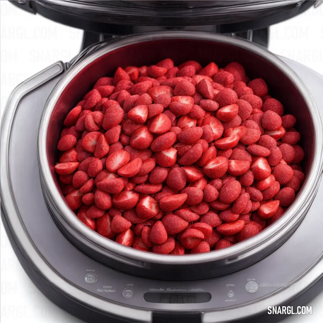 Bowl of red candy beans in a crock pot on a white background with a black lid