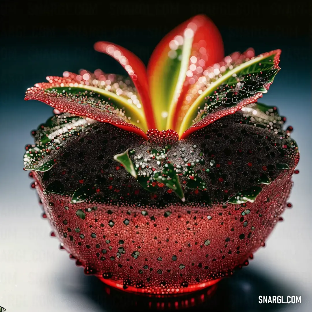 Red flower with green leaves and water droplets on it's petals and leaves are on a blue surface