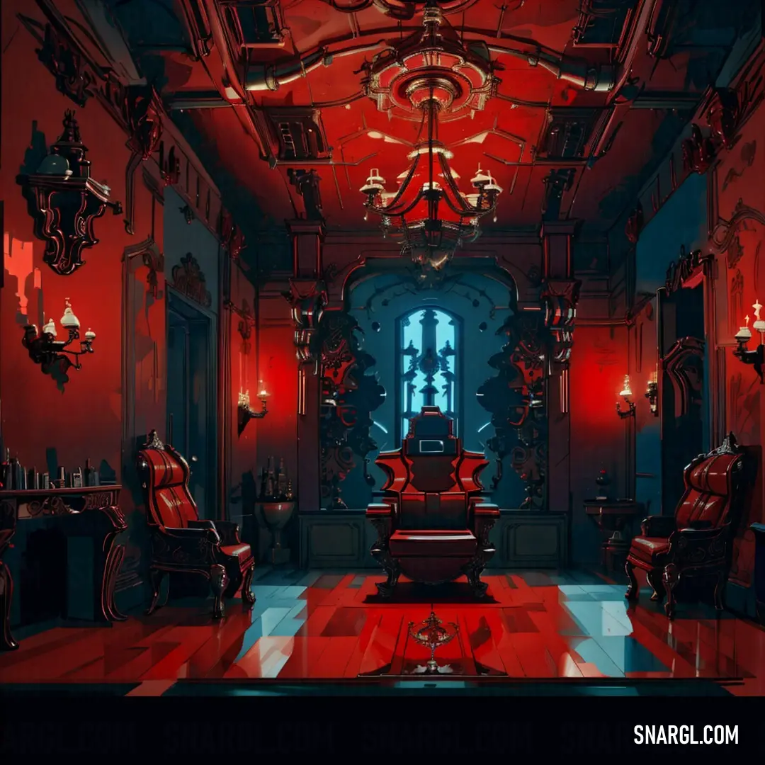 Red room with a red chair and chandelier hanging from the ceiling and a red carpet on the floor