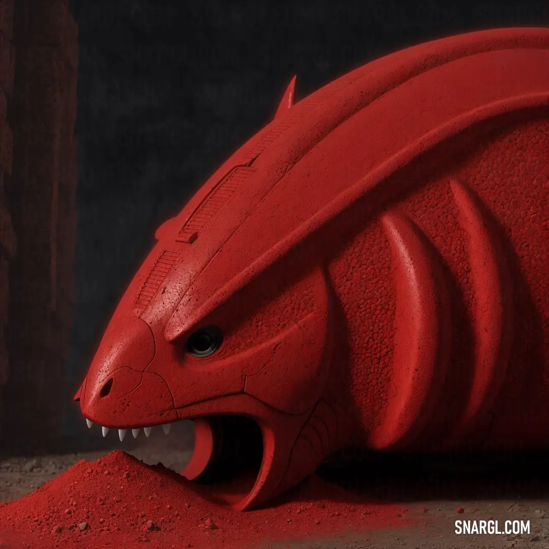 Red sculpture of a dragon with its mouth open and teeth wide open