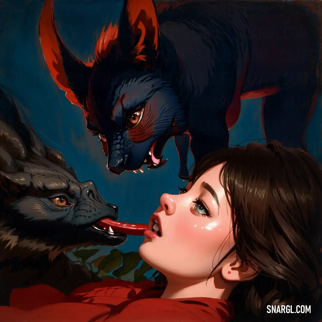 Woman is licking a wolf's mouth with her mouth open