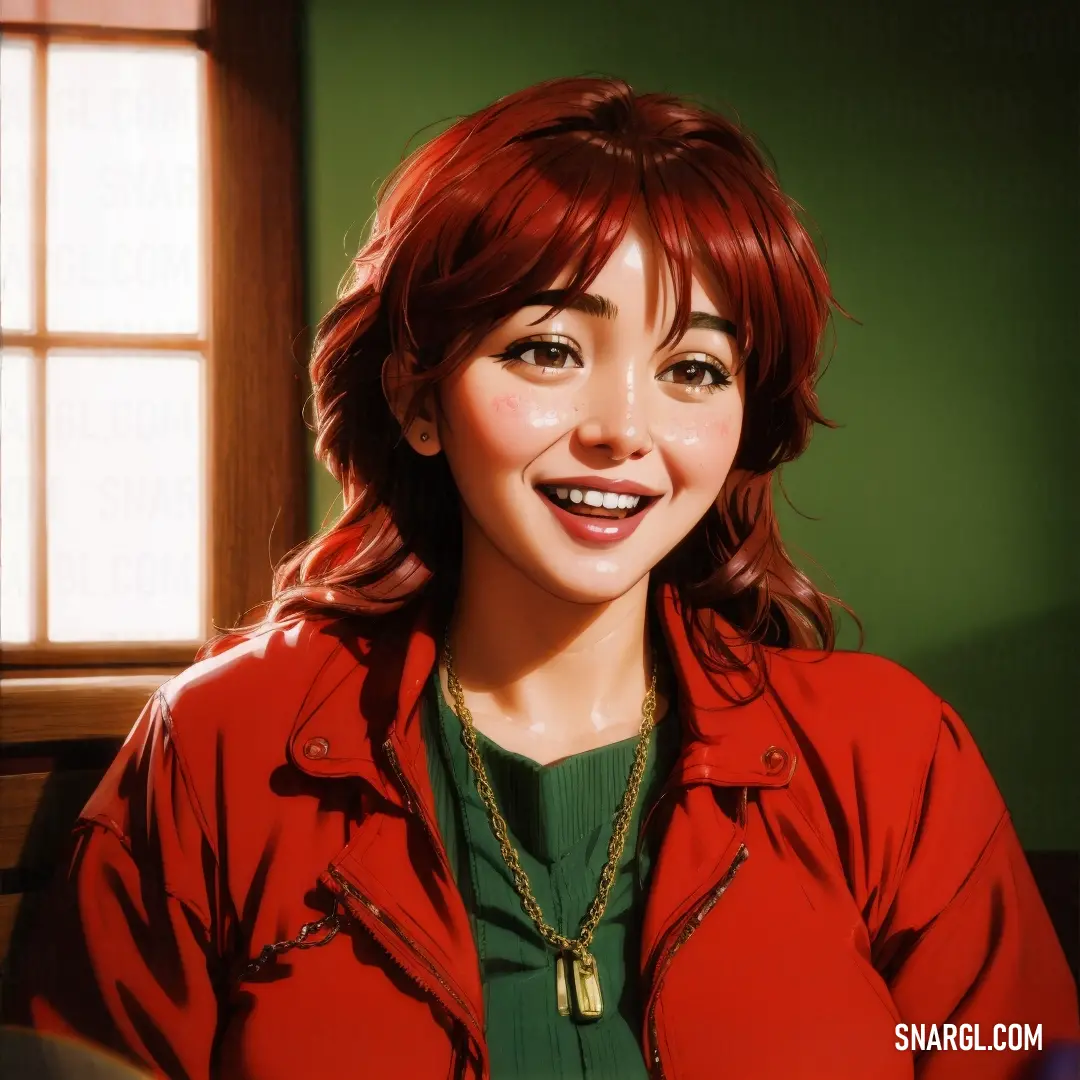 Woman with red hair and a green shirt smiling at the camera with a green wall behind her