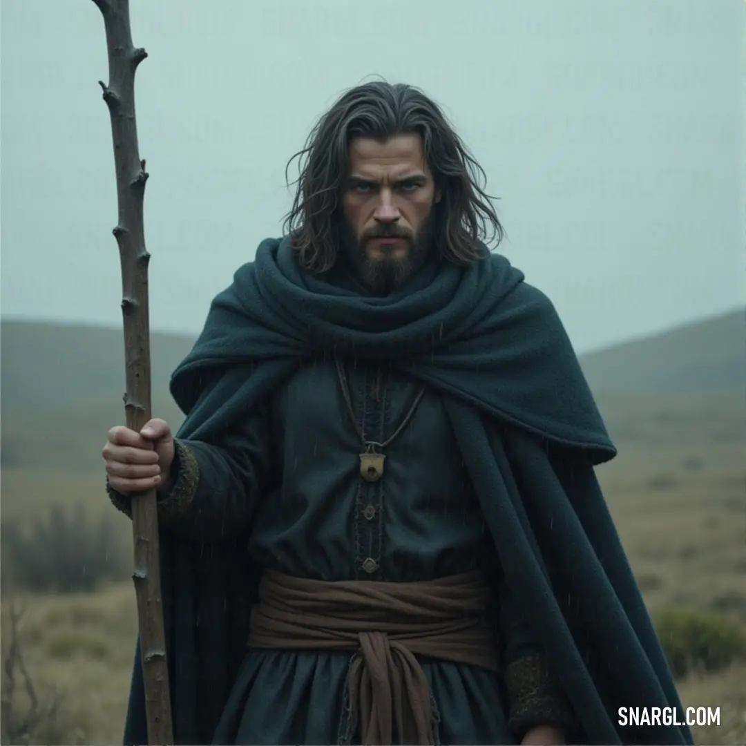 A robed figure with a staff stands in a tranquil field, gazing at the distant hills as the evening light begins to fade. A figure cloaked in a green robe holds a staff firmly as he stands in an open field, the soft hills in the distance bathed in the calm light of dusk.