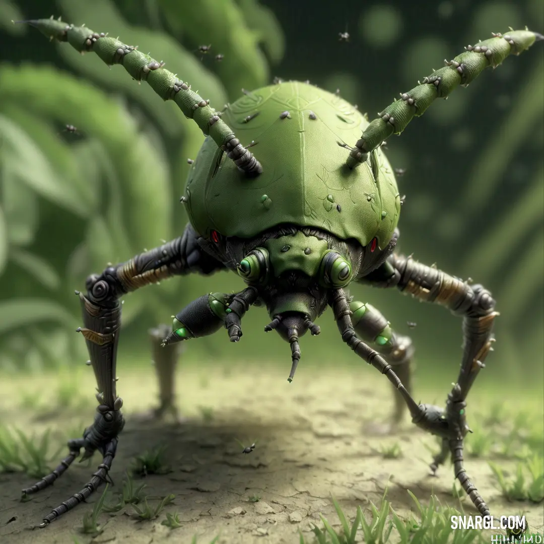 Green spider with a green face and legs on a dirt ground with grass and leaves in the background