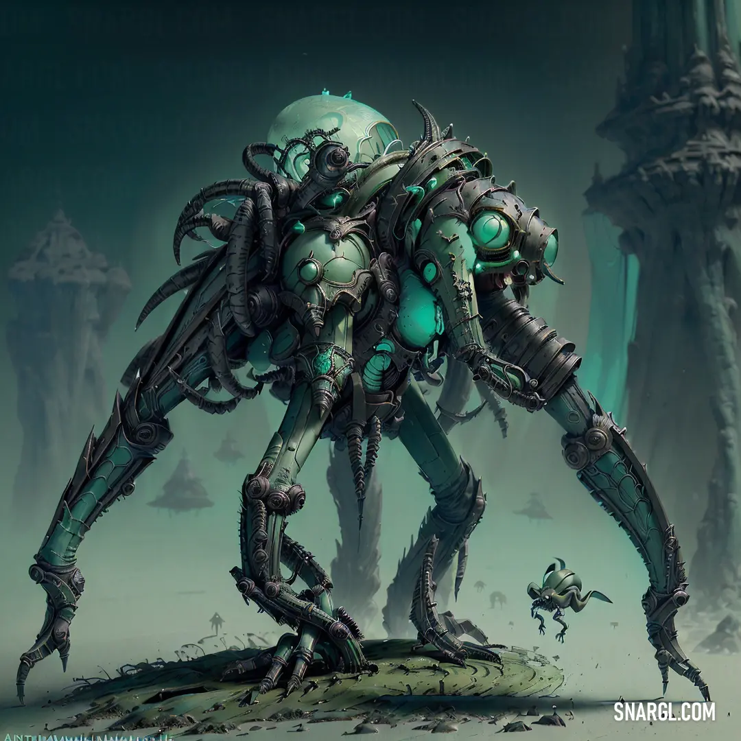 Robot with a large body and legs standing on a rock in front of a tree and a man