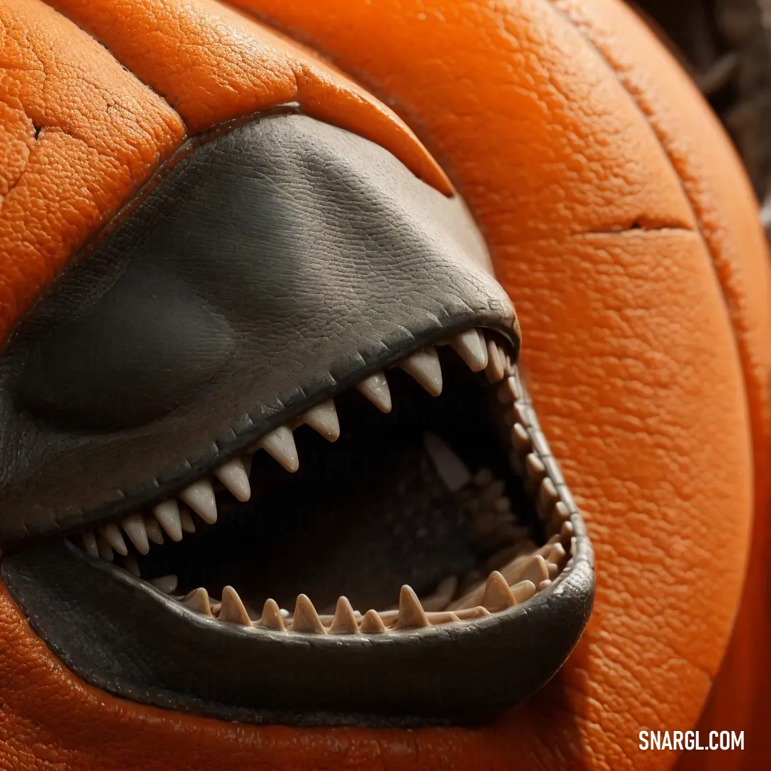 Close up of a pumpkin with a mouth open and teeth missing from it's mouth